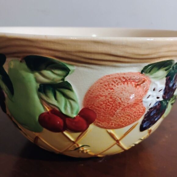 Vibrant Red and Yellow Ceramic Cookware Bowl with Rustic Fruit Design - Picture 2 of 7